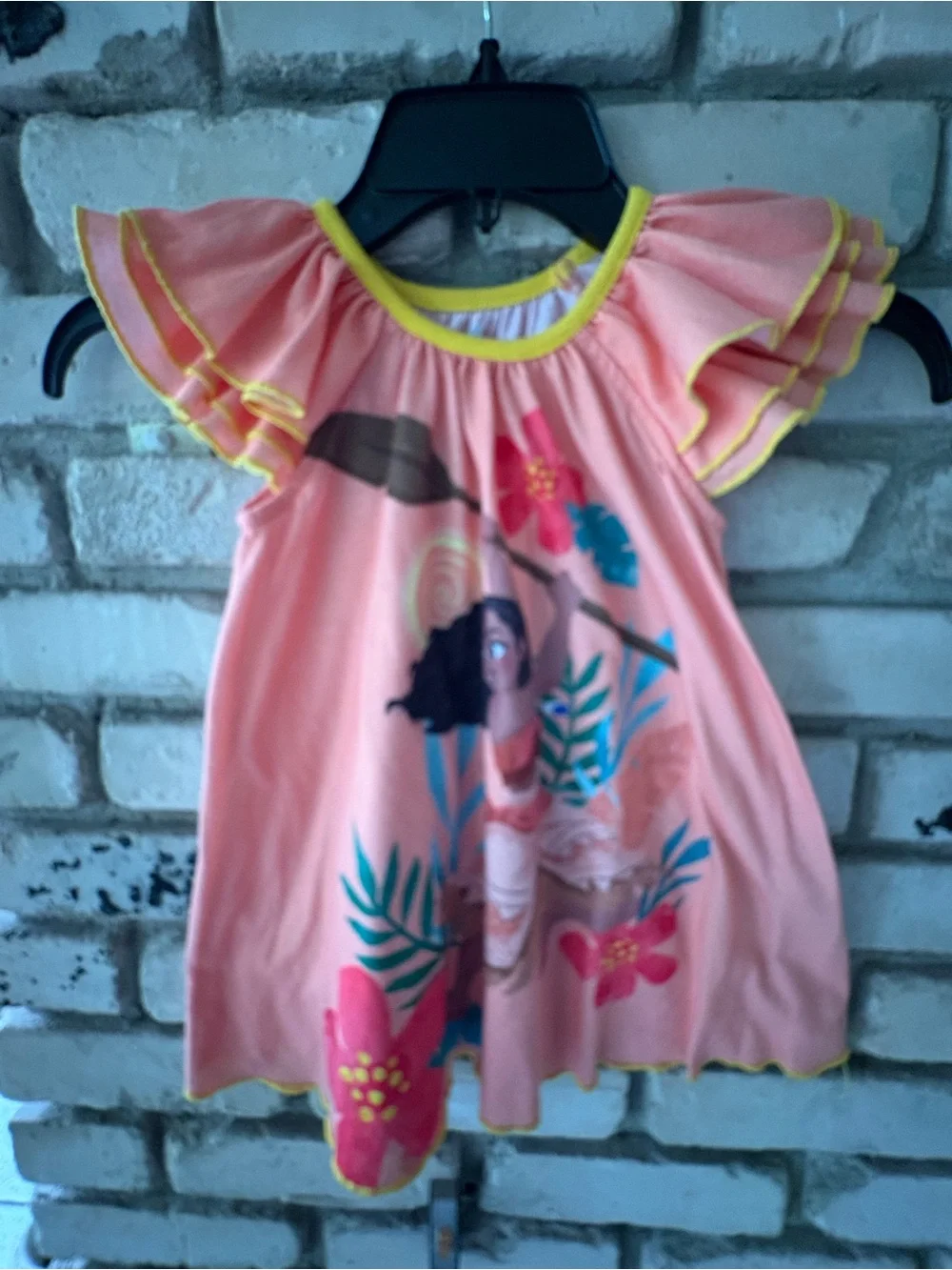 Disney Moana peach nightgown with front graphic  Yellow Trim and Flutter Sleeves